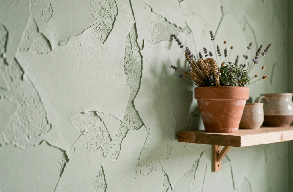 Gros plan sur une surface de mur intérieur peint à la chaux en vert sauge naturel avec une étagère en bois et des objets artisanaux