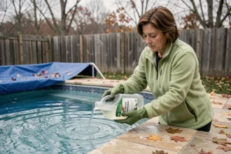 Femme versant un traitement hivernal écologique dans une piscine couverte partiellement en automne
