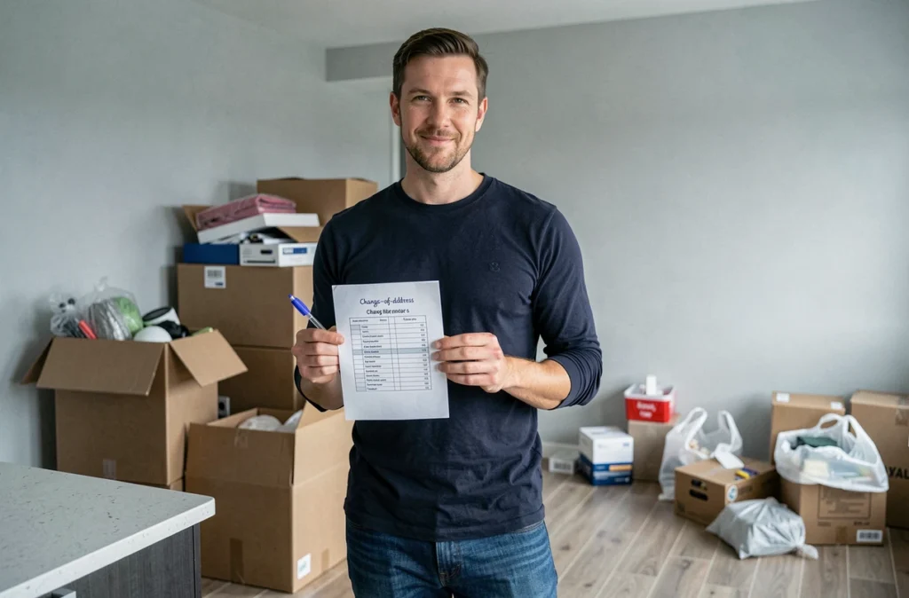Homme consultant une liste de démarches administratives entouré de cartons de déménagement