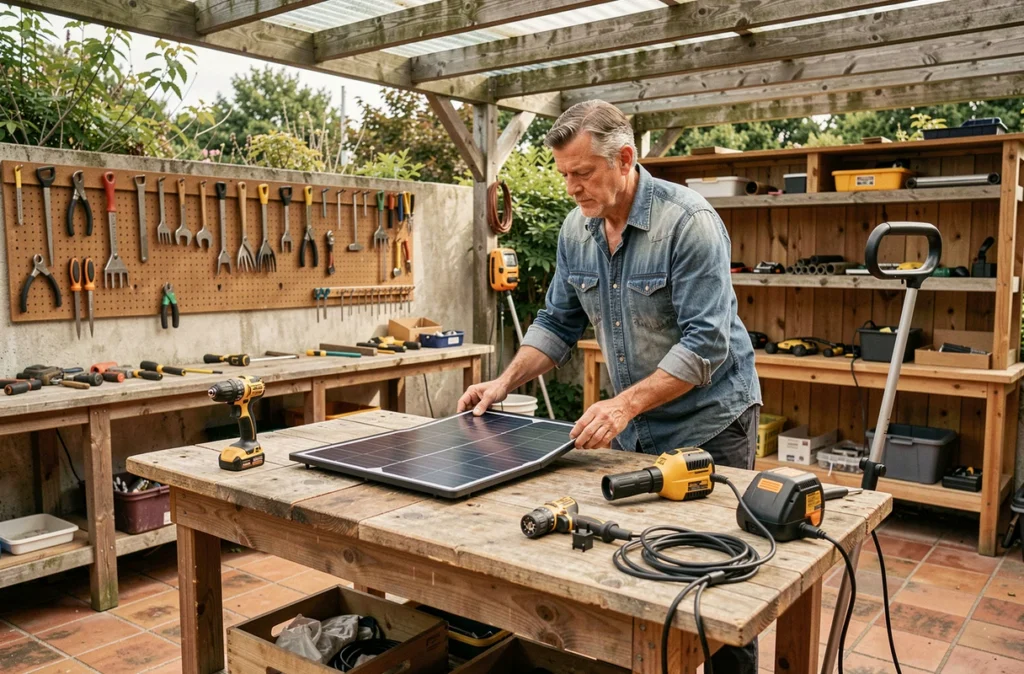 Homme utilisant un panneau solaire portable pour recharger des outils de jardinage sur un établi en pergola