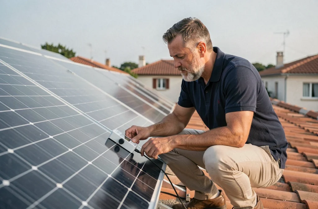 Homme inspectant un capteur de monitoring connecté sur des panneaux solaires photovoltaïques en toiture