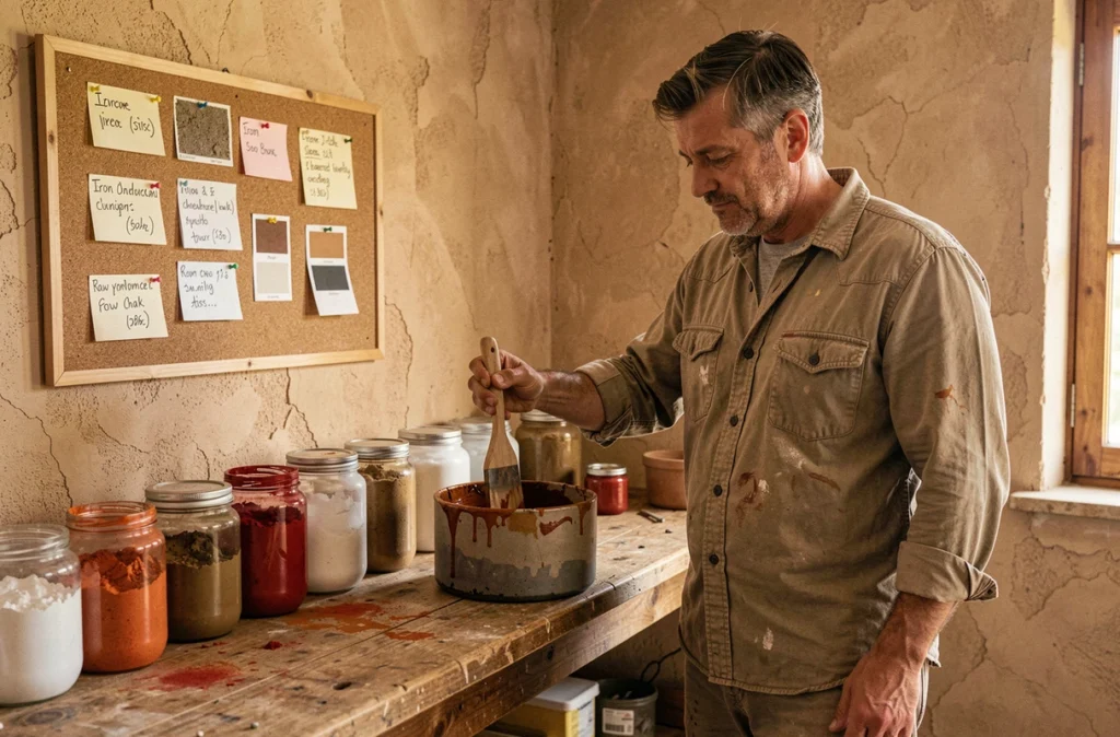Homme mélangeant des pigments minéraux naturels dans un atelier domestique pour préparer une peinture écologique faite maison