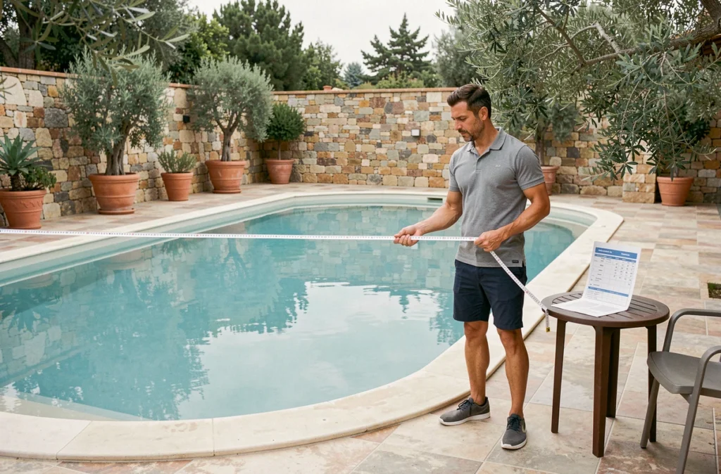 Homme mesurant la largeur d'une grande piscine ovale pour choisir la bonne taille de bâche solaire