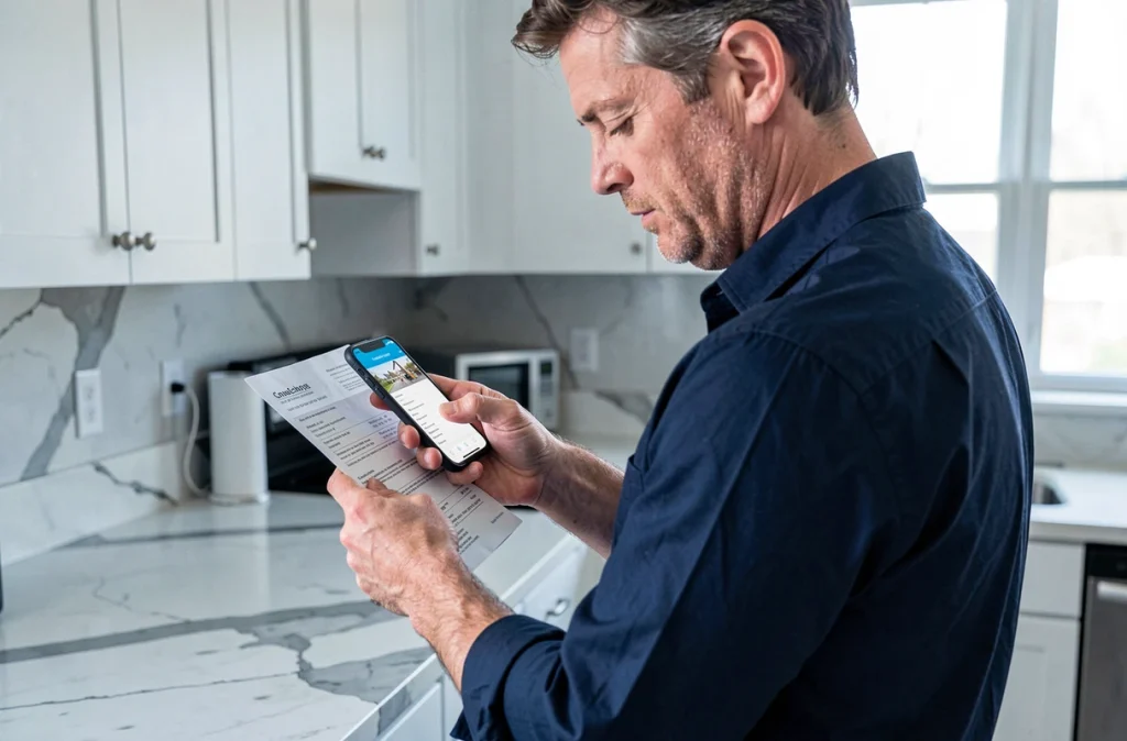 Homme numérisant une facture de services avec son smartphone dans une cuisine moderne pour en faire un justificatif de domicile