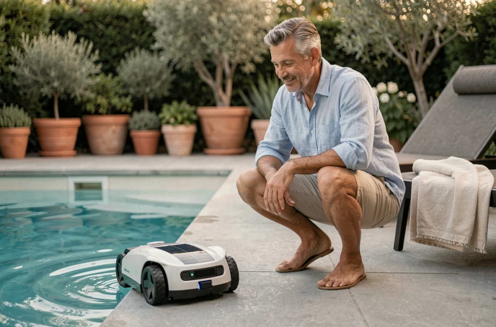 Homme observant un robot nettoyeur solaire autonome entretenir sa piscine en été