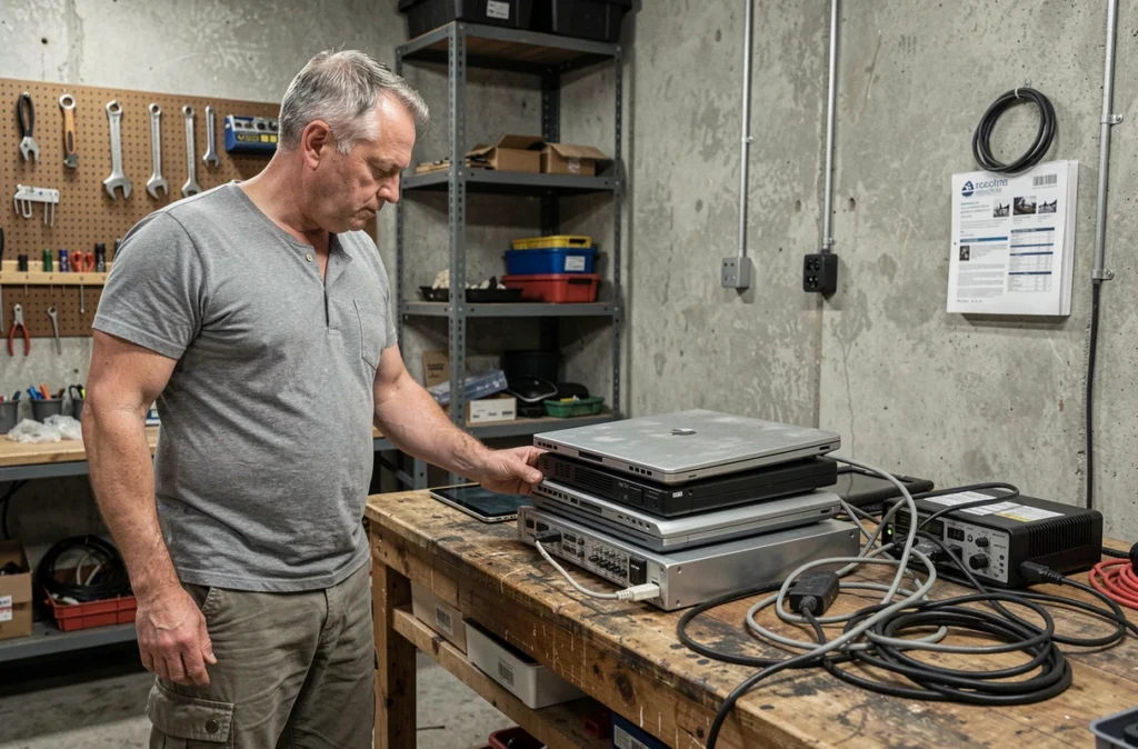 Homme inspectant de vieux appareils électroniques à recycler dans un atelier de garage avant de s'en débarrasser