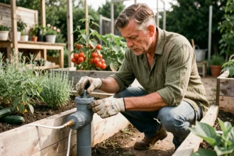 Homme ajustant une pompe solaire autonome dans un potager, optimisant le système d'arrosage goutte-à-goutte