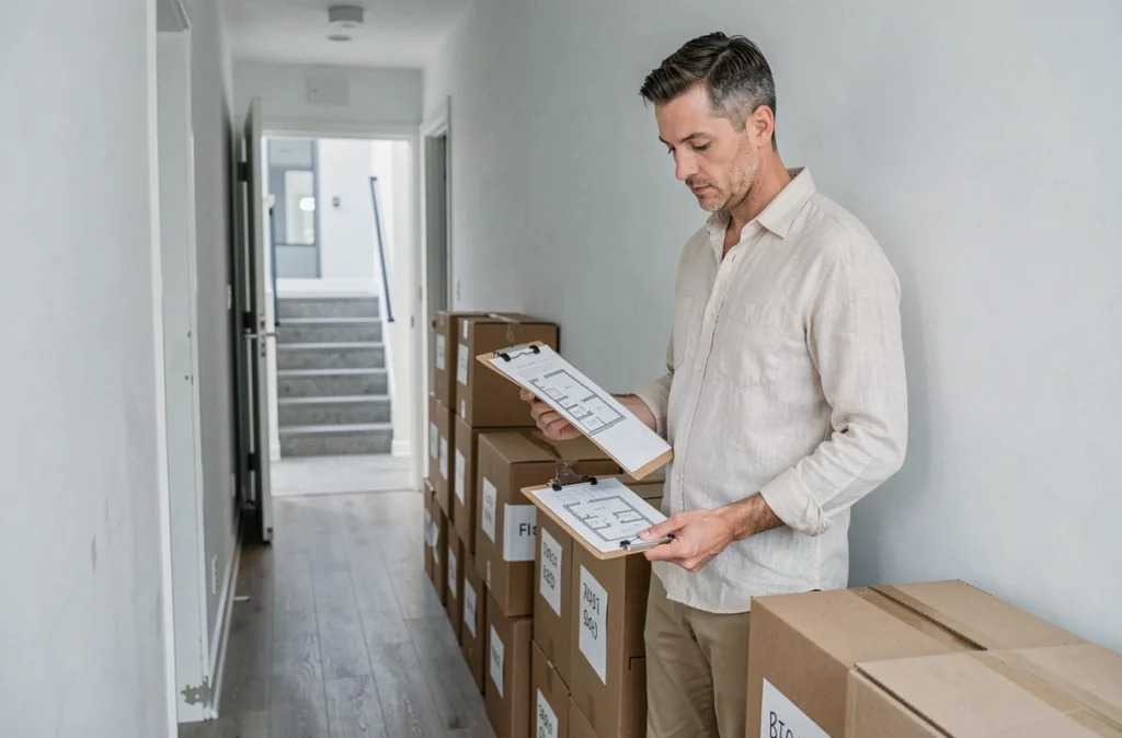 Homme tenant un clipboard supervisant l'organisation des cartons dans un couloir d'appartement vide