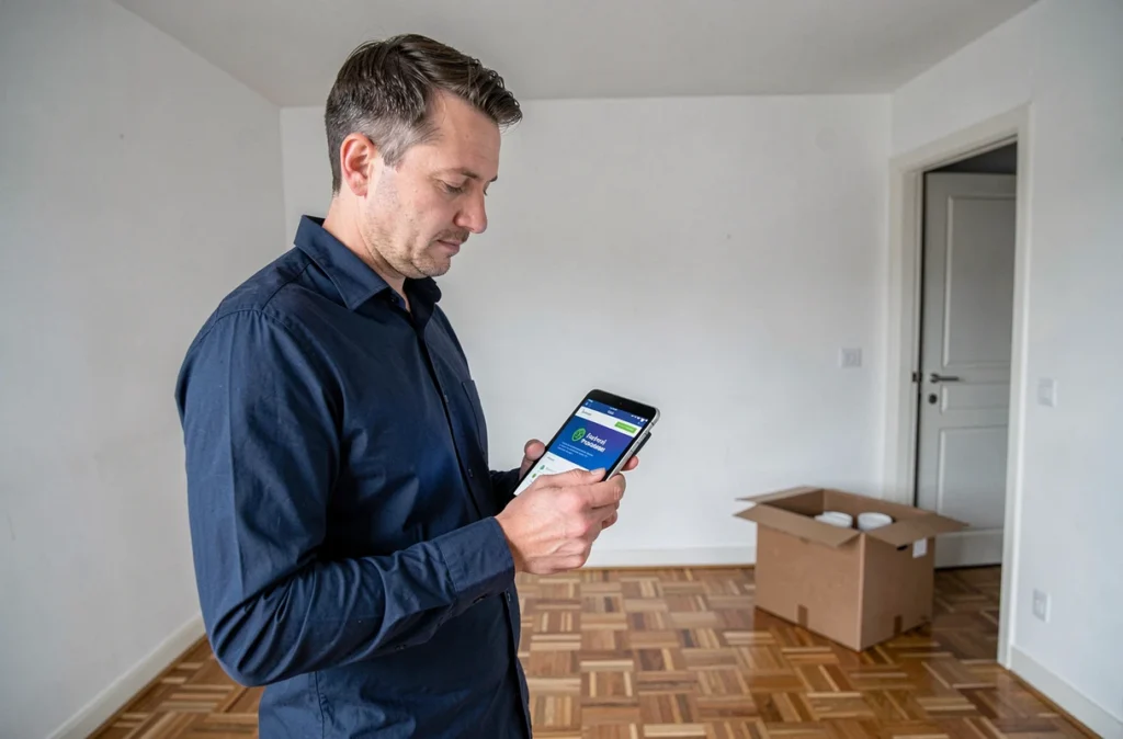 Homme consultant un site fournisseur d'énergie sur tablette dans un salon vide en cours de déménagement