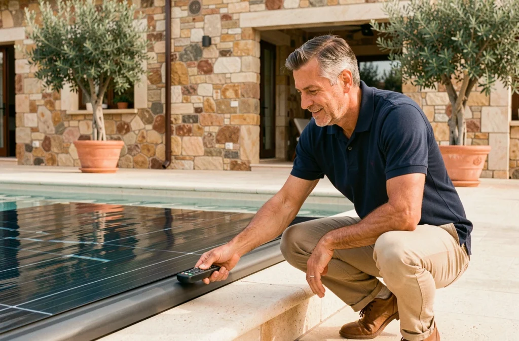 Homme d'âge moyen actionnant une télécommande pour fermer un volet roulant solaire sur sa piscine extérieure