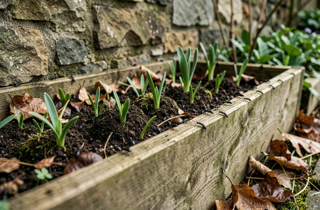 Insectes noirs dans un bac de jardin en bois au printemps avec jeunes pousses