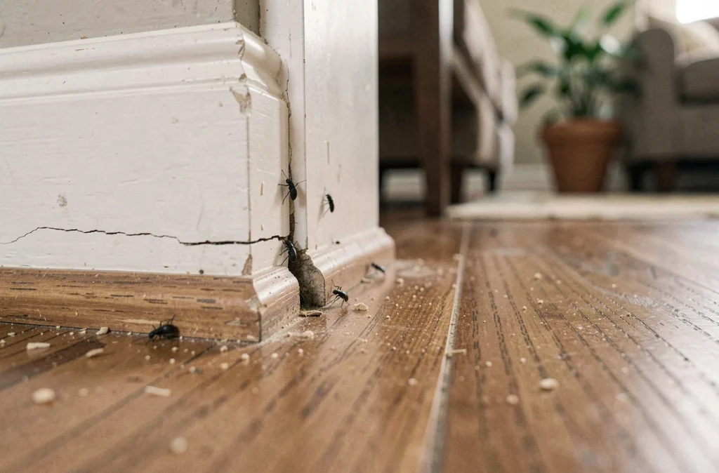 Petits insectes noirs sortant d'une fissure dans une plinthe de salon