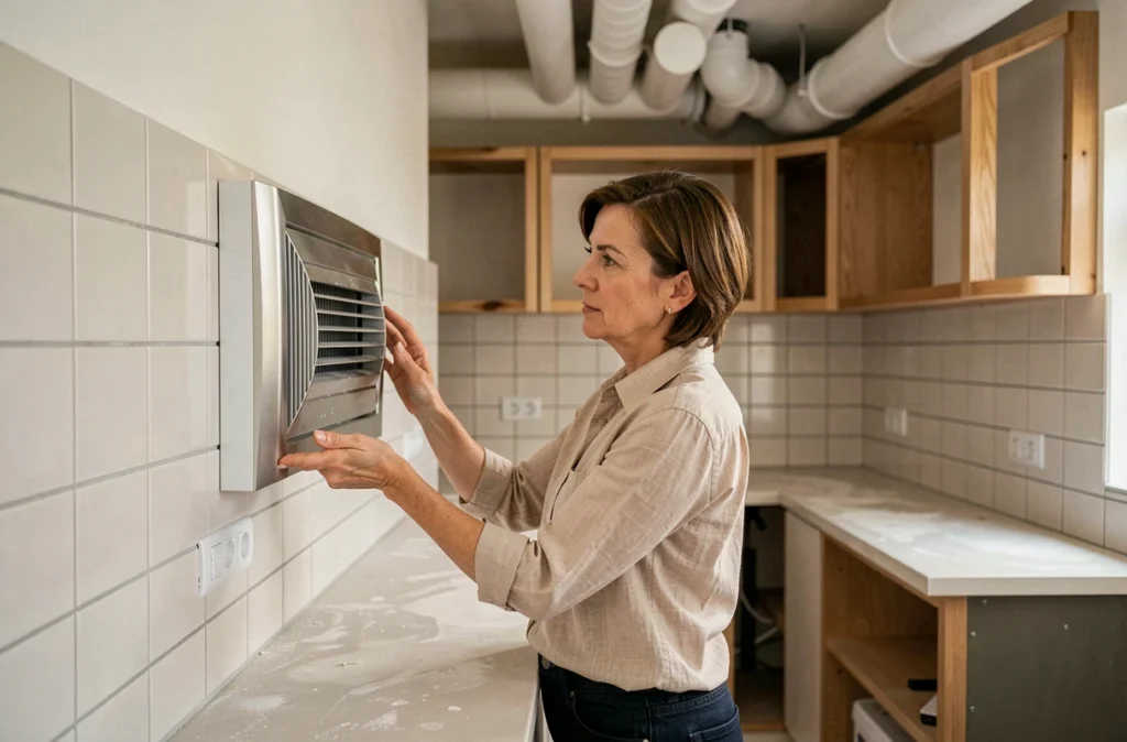 Femme inspectant une grille de ventilation murale dans une cuisine en cours de rénovation moderne