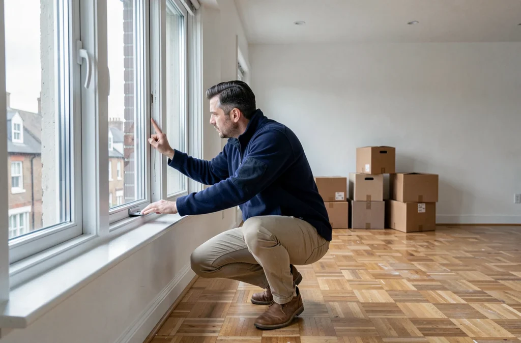 Homme inspectant l'isolation des fenêtres dans un salon vide lors de l'emménagement dans une nouvelle maison pour réduire les déperditions d'énergie