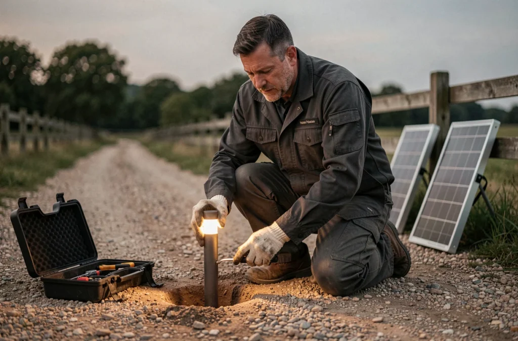 Technicien installant une borne solaire sur un sentier en gravier au crépuscule