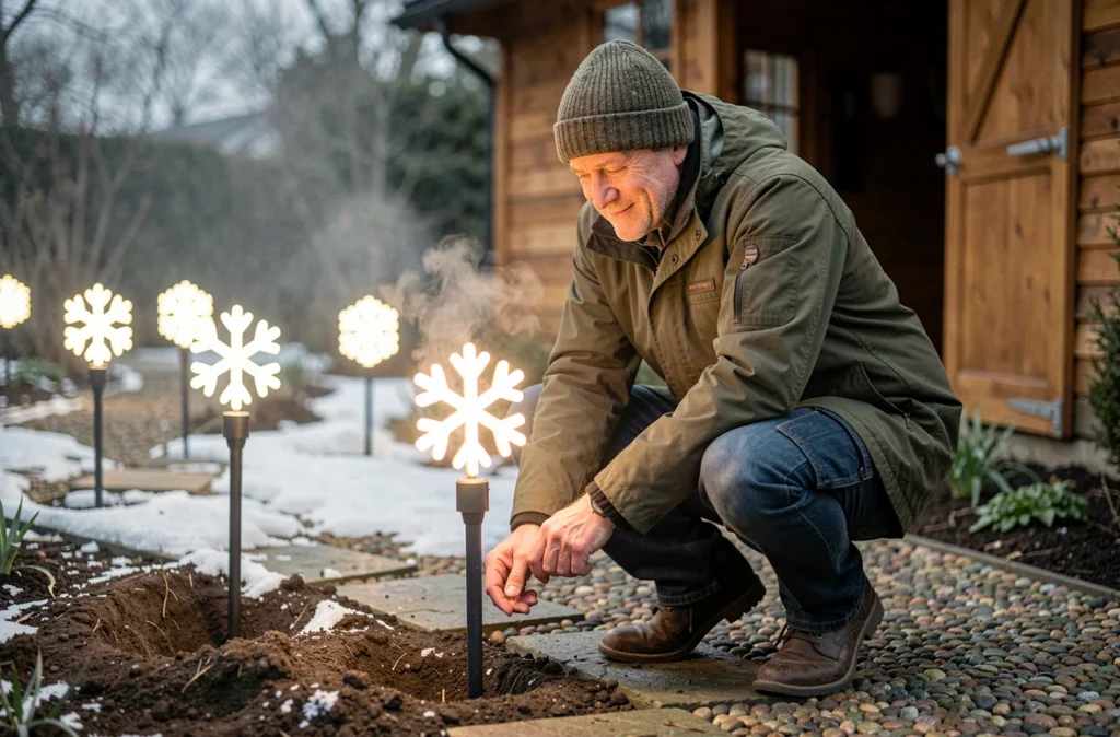 Homme installant des bornes solaires lumineuses en forme de flocons le long d'un chemin de jardin décoré pour Noël