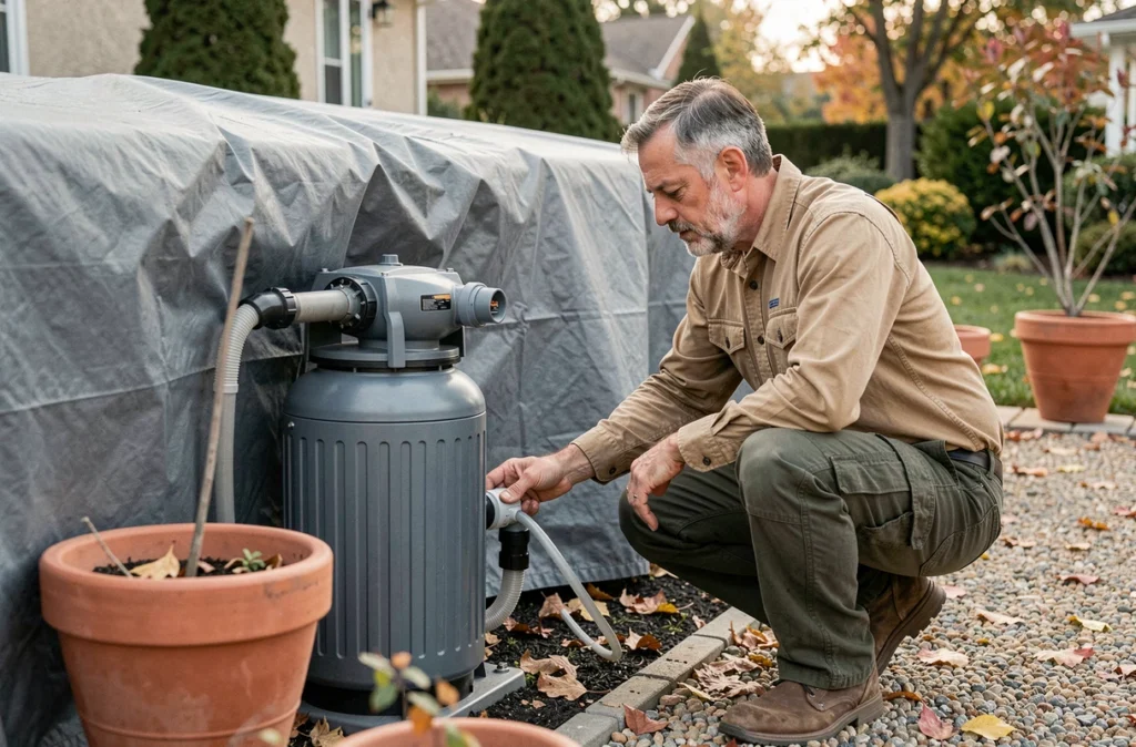 Homme installant un bouchon d'hivernage sur le système de filtration d'une piscine en automne