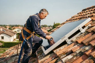 Technicien installant un chauffe-eau solaire thermique sur un toit de tuiles dans une maison individuelle