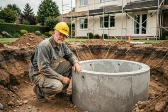 Entrepreneur installant une citerne de récupération d'eau de pluie enterrée lors de gros travaux de rénovation résidentielle