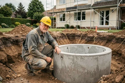 Entrepreneur installant une citerne de récupération d'eau de pluie enterrée lors de gros travaux de rénovation résidentielle