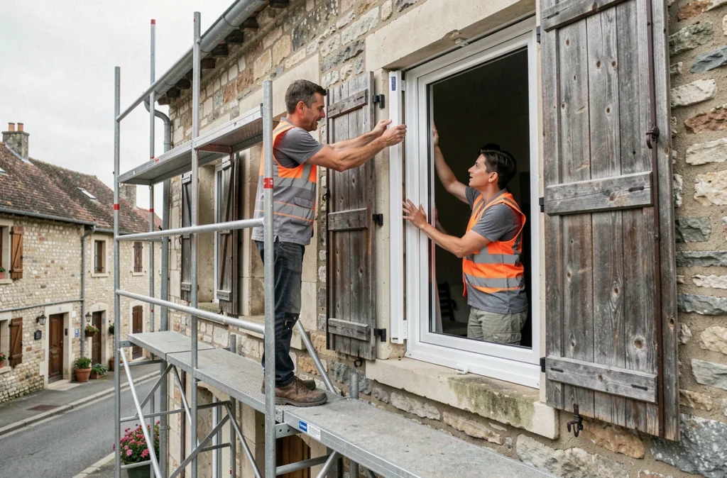 Deux ouvriers installant une fenêtre PVC écoénergétique sur la façade en pierre d'une maison traditionnelle française