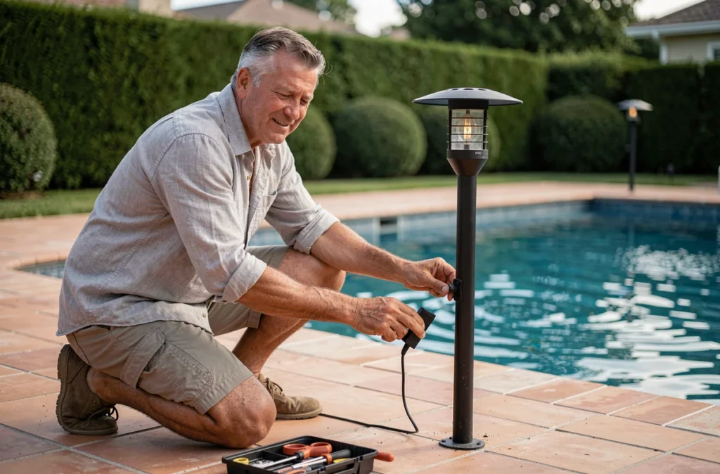 Homme installant une lampe solaire de jardin autonome en bord de piscine sur dallage en terre cuite