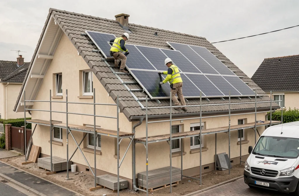 Installateurs professionnels posant des panneaux solaires sur une toiture neuve avec échafaudage lors d'une rénovation complète