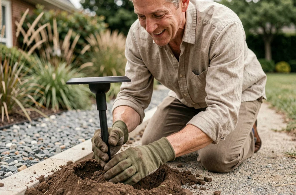 Jardinier installant un piquet solaire lumineux le long d'une allée de jardin en terre