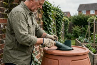Homme installant un récupérateur d'eau de pluie sur un mur de briques dans un jardin potager