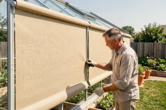 Jardinier installant des stores solaires extérieurs sur une serre en verre dans un jardin résidentiel