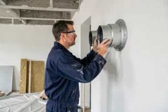 Technicien installant une unité de ventilation double flux sur un mur en cours de rénovation dans un appartement