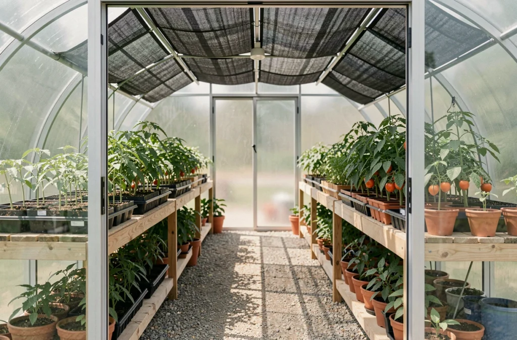 Intérieur d'une serre protégée par des stores solaires extérieurs projetant des ombres tamisées sur les plants de tomates