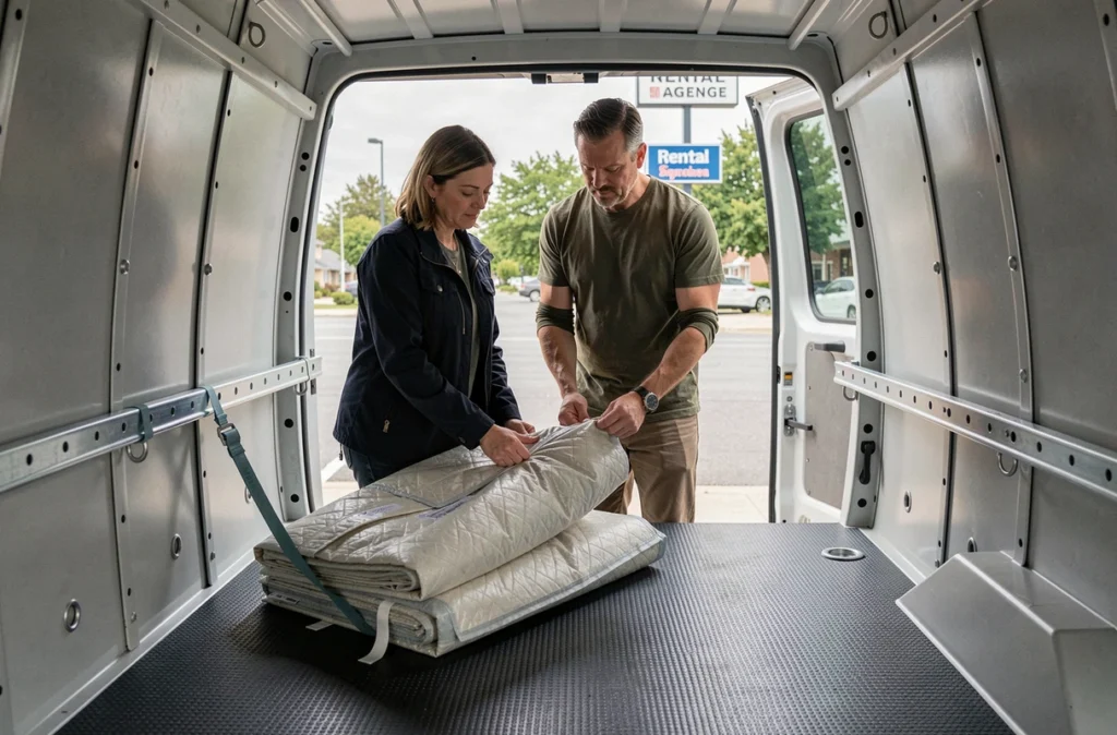 Couple inspectant l'intérieur d'un utilitaire de location avec sangles d'arrimage avant un transport de meubles