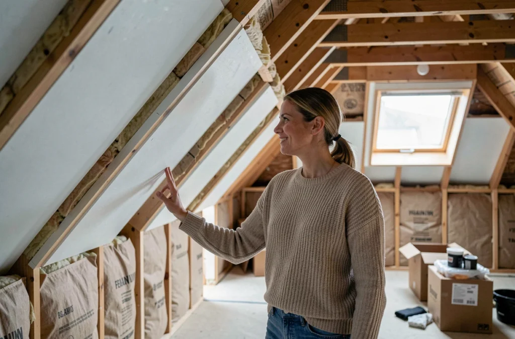 Propriétaire inspectant l'isolation thermique sous rampants dans des combles aménagés en cours de rénovation
