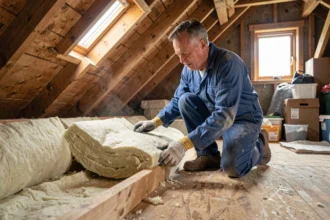 Artisan posant de la laine minérale dans les combles d'une maison lors de travaux d'isolation thermique