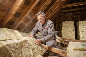 Artisan posant des rouleaux de laine minérale entre les solives d'un grenier pour l'isolation des combles perdus