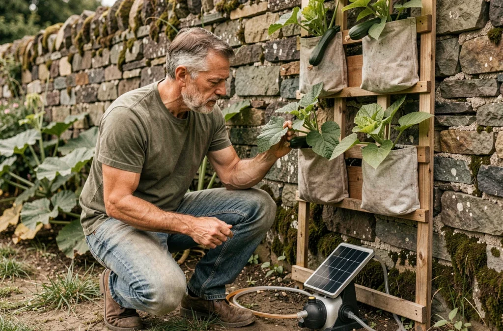 Homme inspectant un jardin potager vertical hors sol avec pompe solaire dans un jardin de campagne