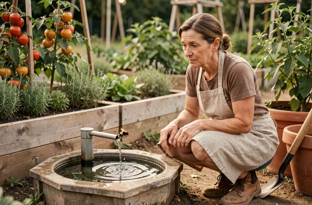 Femme jardinière observant un bourdon près d'une fontaine solaire installée dans un potager, favorisant la biodiversité au jardin