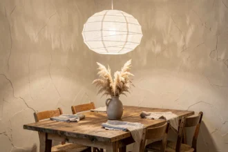 Lampe suspendue en papier de riz blanc au-dessus d'une table en bois dans un intérieur scandinave cosy