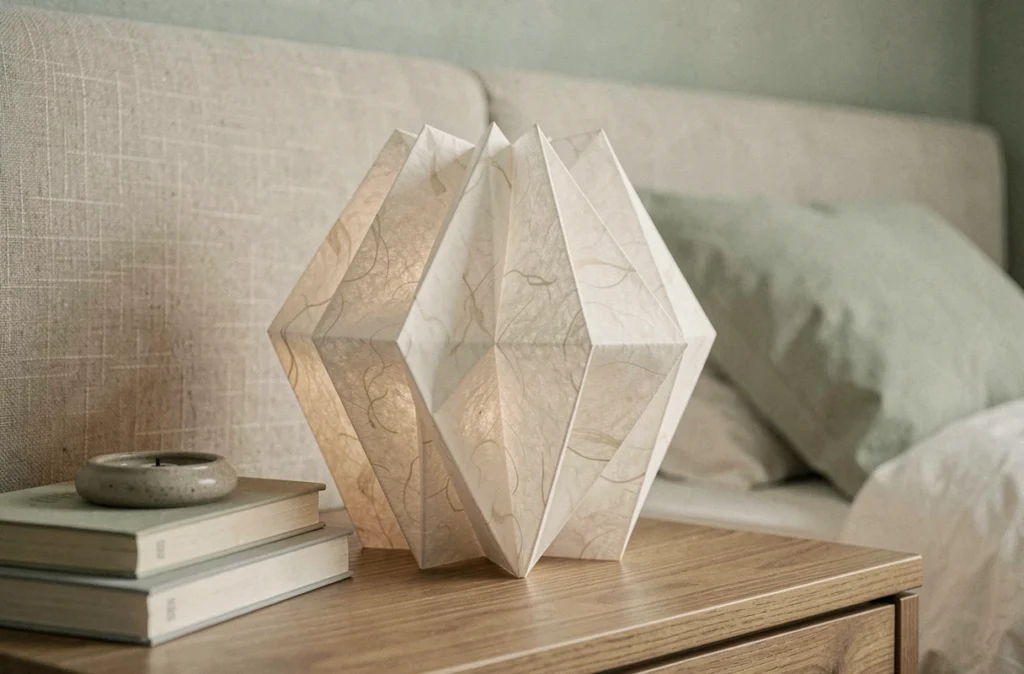 Gros plan d'une lampe en papier washi style origami sur une table de chevet dans une chambre minimaliste japonaise