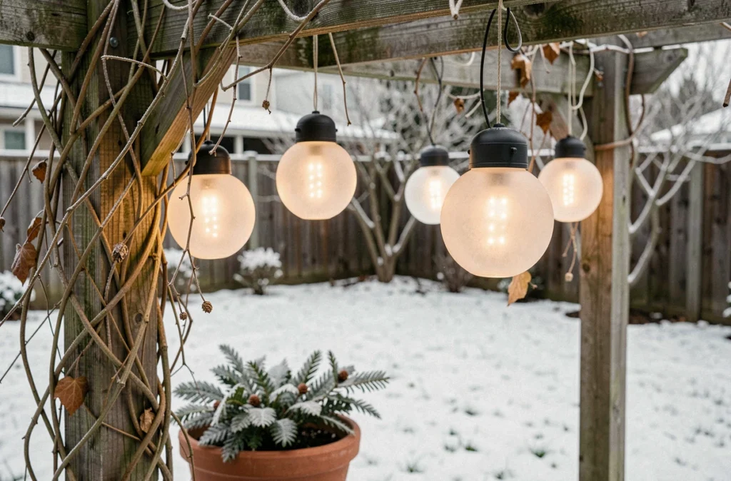 Lanternes solaires décoratives suspendues à une pergola en bois dans un jardin de Noël enneigé