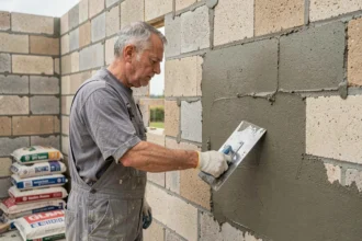 Maçon appliquant un enduit ciment sur un mur en parpaings avec une taloche en acier sur un chantier extérieur