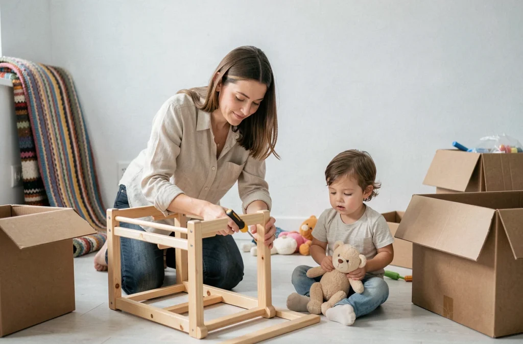 Mère assemblant un lit d'enfant dans une nouvelle chambre lors d'un déménagement avec un jeune enfant