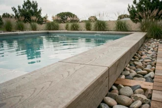 Margelles de piscine en matériaux recyclés bois et plastique, bordure moderne avec jardin naturel
