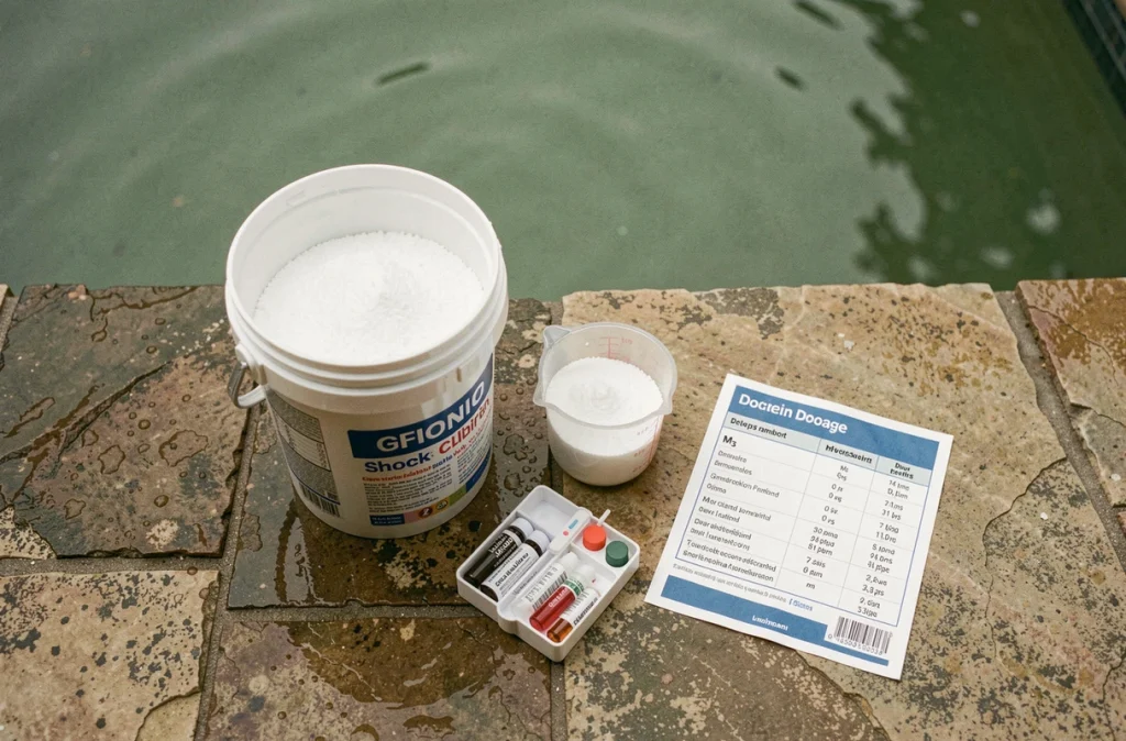 Kit de traitement chlore choc avec dosette, seau et tableau de dosage par m3 au bord d'une piscine