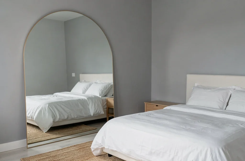 Miroir arqué XXL dans une chambre scandinave minimaliste reflétant le lit et agrandissant la pièce
