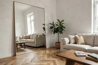 Grand miroir XXL appuyé contre un mur blanc dans un salon contemporain agrandissant visuellement l'espace