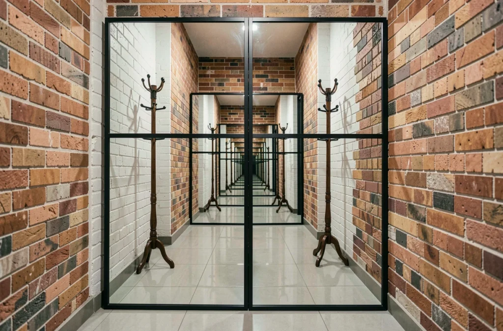 Panneaux de miroirs XXL dans un couloir d'appartement urbain créant une illusion d'espace et de profondeur