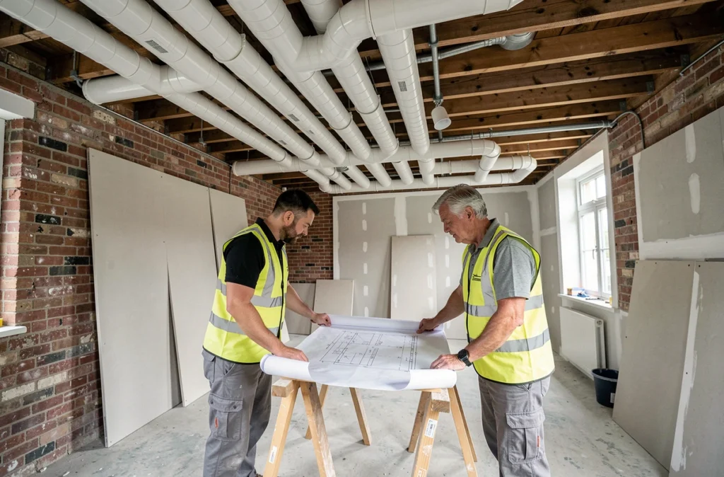 Deux ouvriers consultant un plan technique devant un réseau de gaines de ventilation installé dans une maison en rénovation
