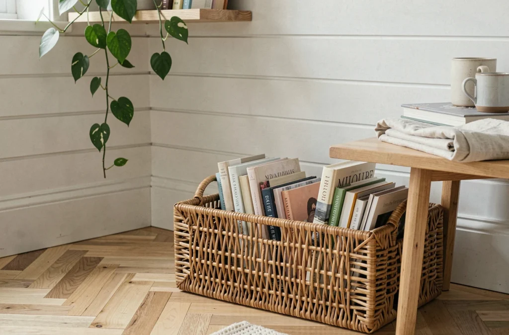 Panier en rotin avec livres et plaid dans un coin lecture de style scandinave